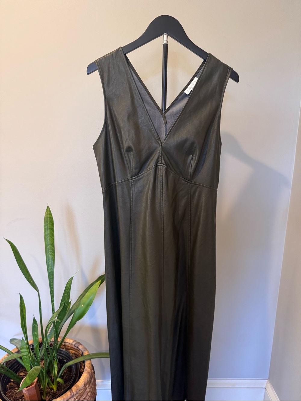 Prologue Dark Olive Green  Faux Leather V-Neck Maxi Dress